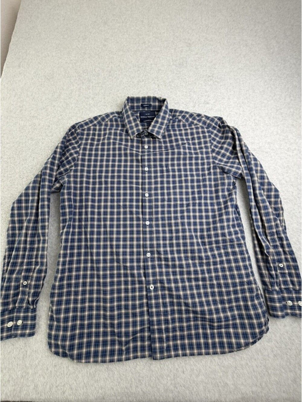 Indian Terrain Mens L Slim Fit Long Sleeve Button Down Shirt Blue Tan Plaid